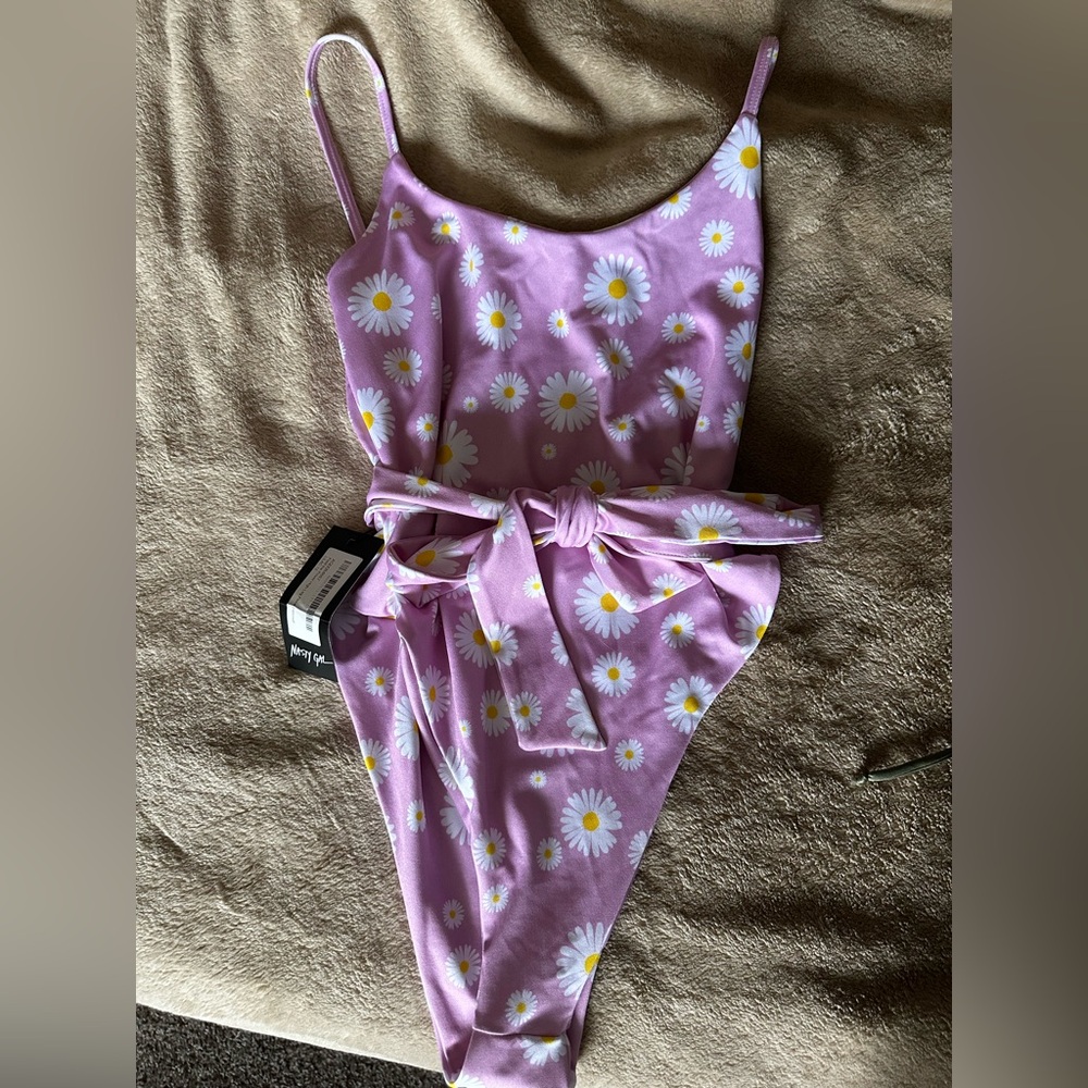 Nasty Gal Lilac Floral High-Leg One Piece Swimsuit